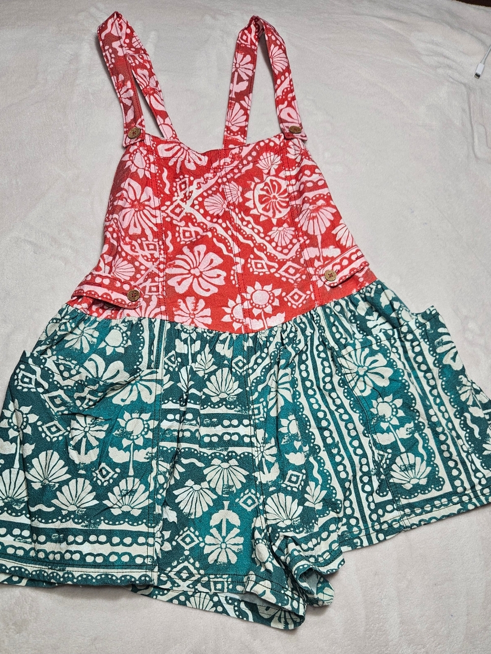 Free People Palm Bay Printed Shortalls Holiday Combo Red Green